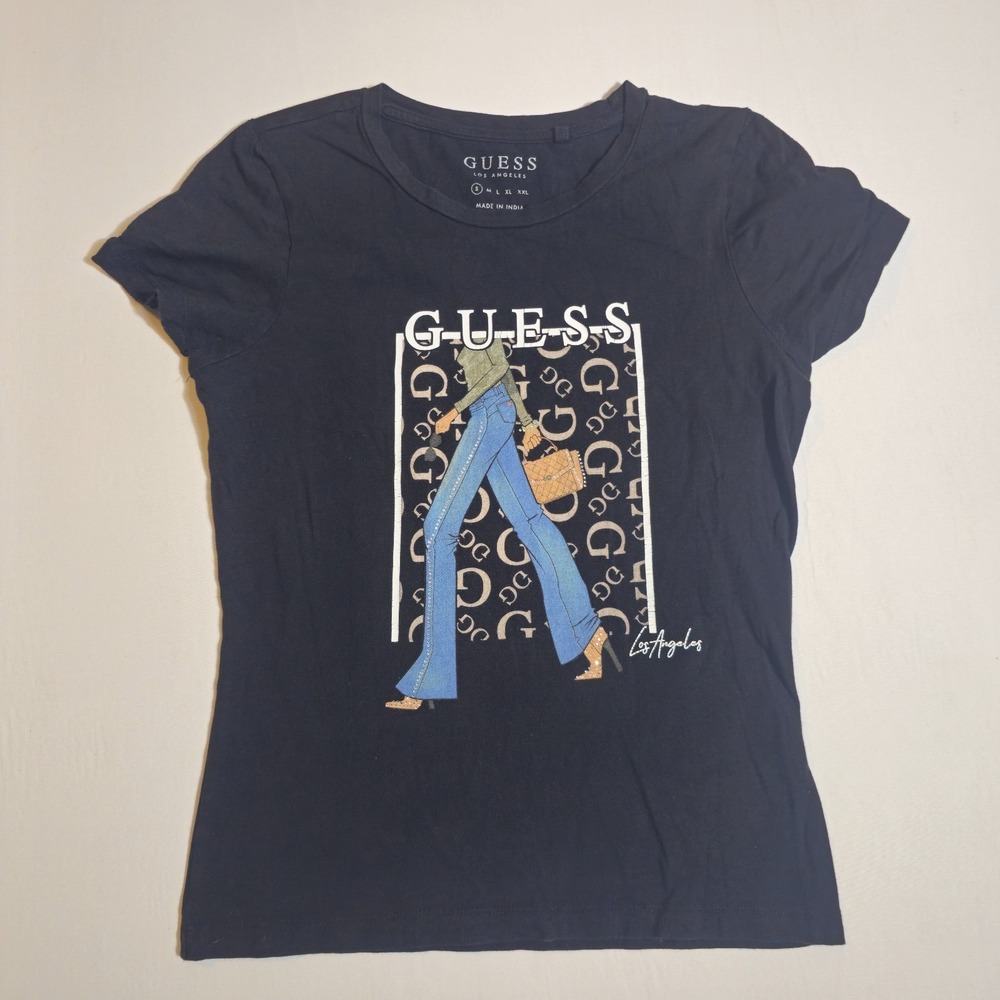 Guess Los Angeles T Shirt Womens Small Black Graphic Print Cap Sleeve Pullover